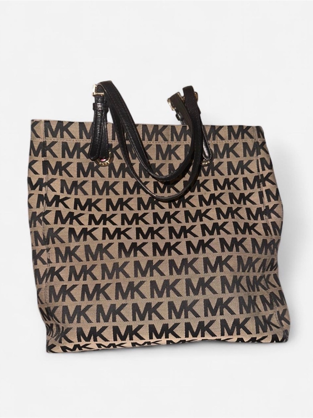 Michael Kors Tan and Black MK Logo Canvas Tote